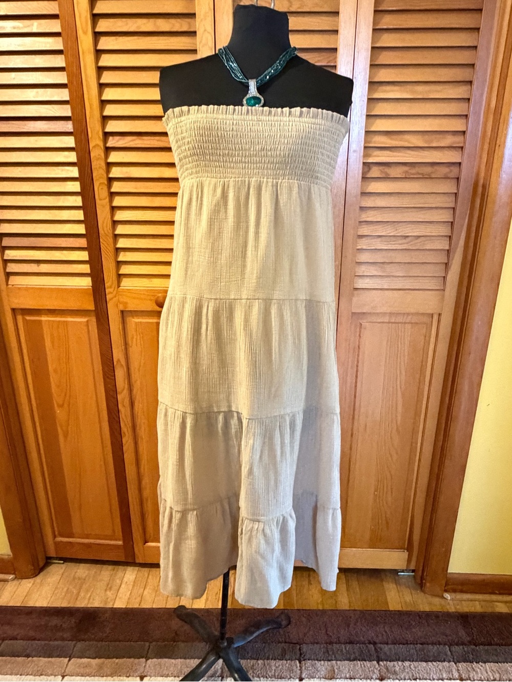 YaYa & Co Maxi Peasant Dress Small Beige Gauze Tiered Strapless Festival